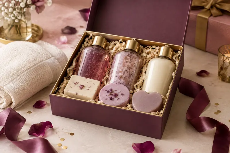 Coffret de bain avec savons, gel douche et sels de bain assortis