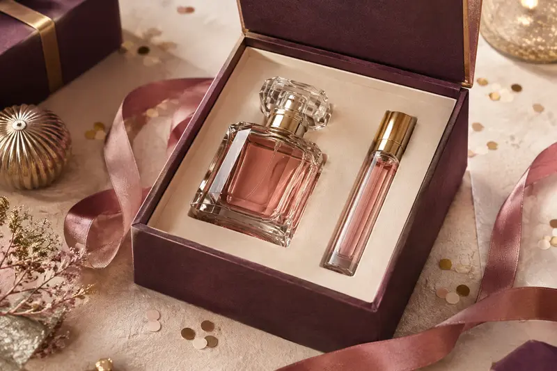 Coffret de parfum ouvert avec flacon et format complémentaire assorti