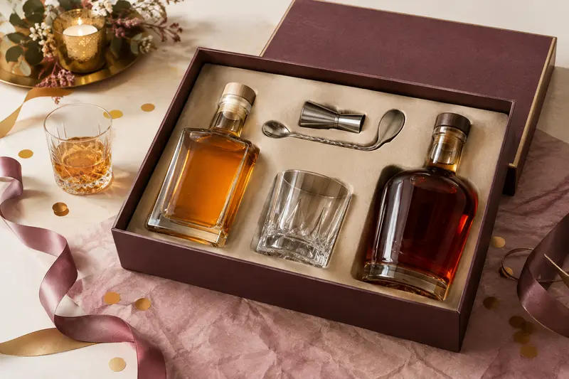 Coffret de spiritueux avec flacons ambrés et verre de dégustation
