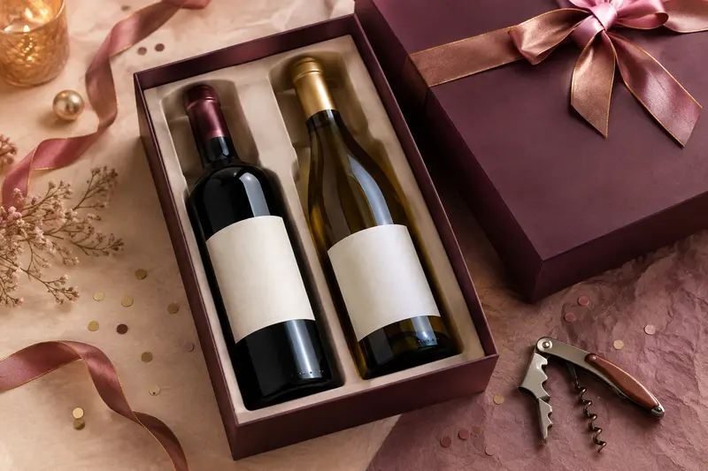 Coffret cadeau contenant deux bouteilles de vin et un tire-bouchon