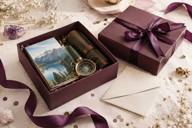 Coffret cadeau d’activité aventure avec boussole et enveloppe sur fond clair