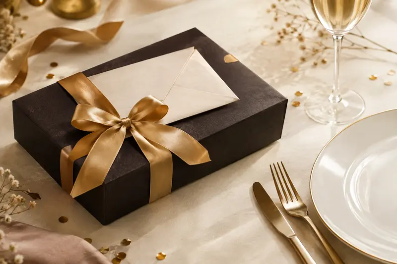 Coffret cadeau de repas au restaurant près d’une assiette et de couverts