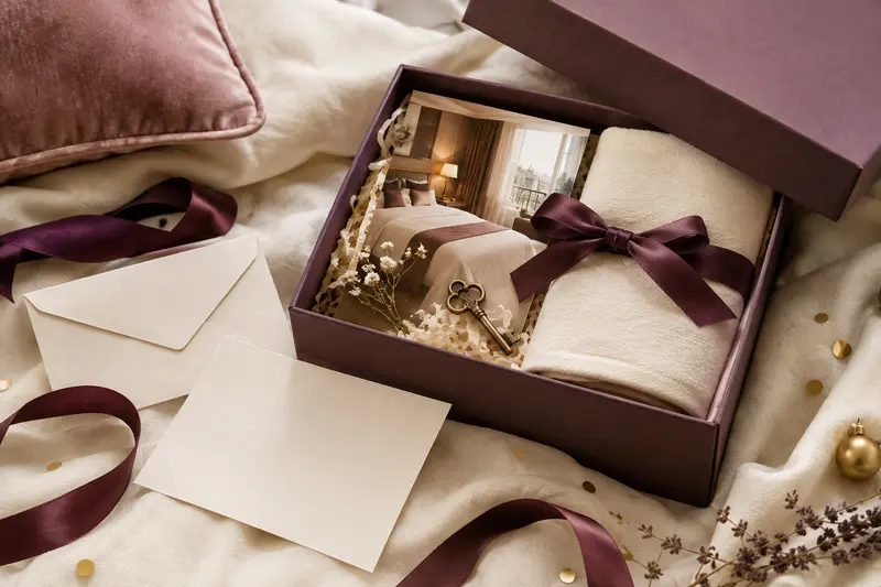Coffret cadeau de séjour avec enveloppe et clé posées sur du linge clair