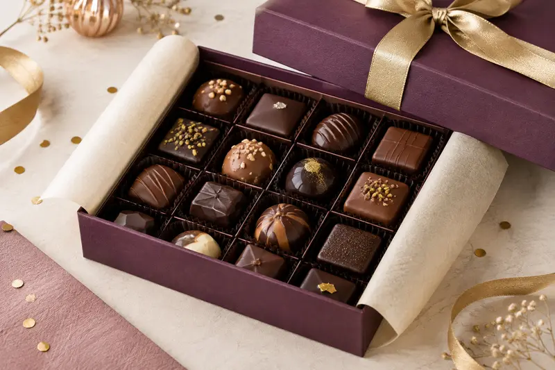 Coffret ouvert de chocolats assortis, pralinés et ganaches sur une table claire