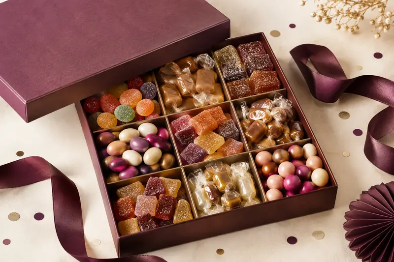 Boîte de confiseries colorées avec caramels et pâtes de fruits assortis