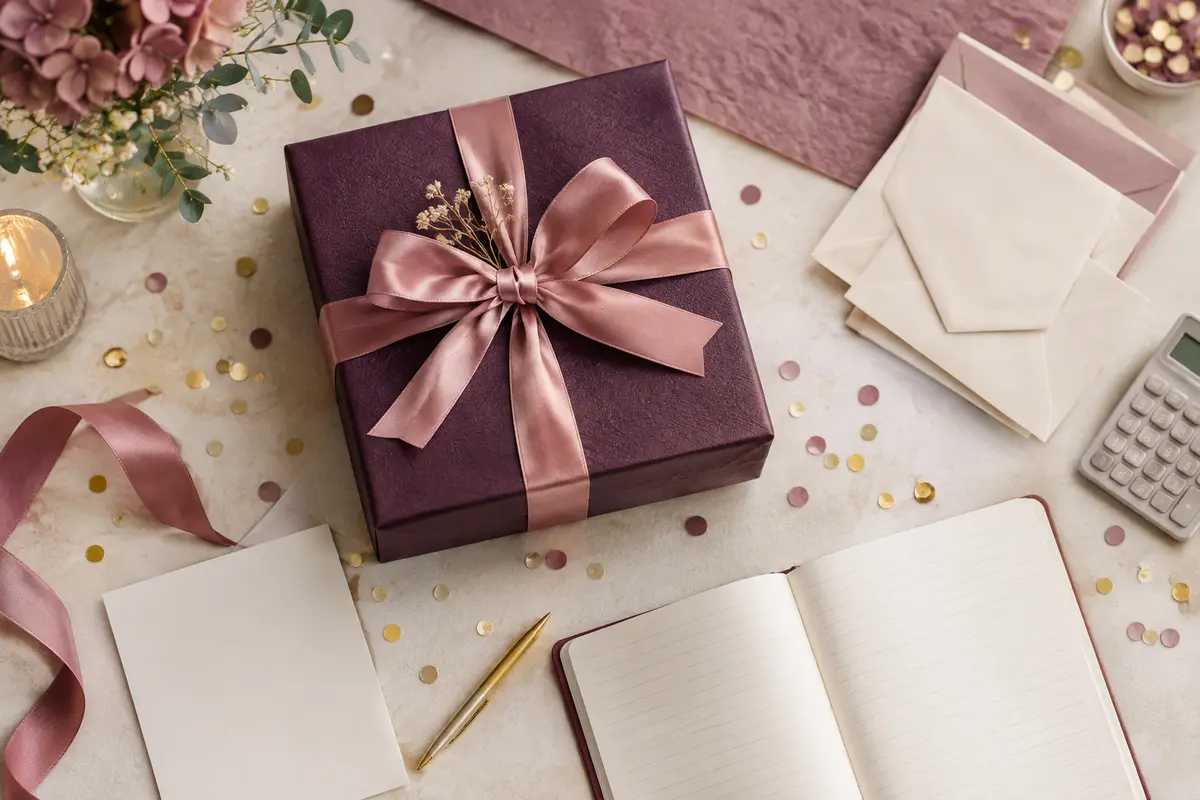 Coffret d’anniversaire posé près d’une carte vierge et d’éléments évoquant une cagnotte collective