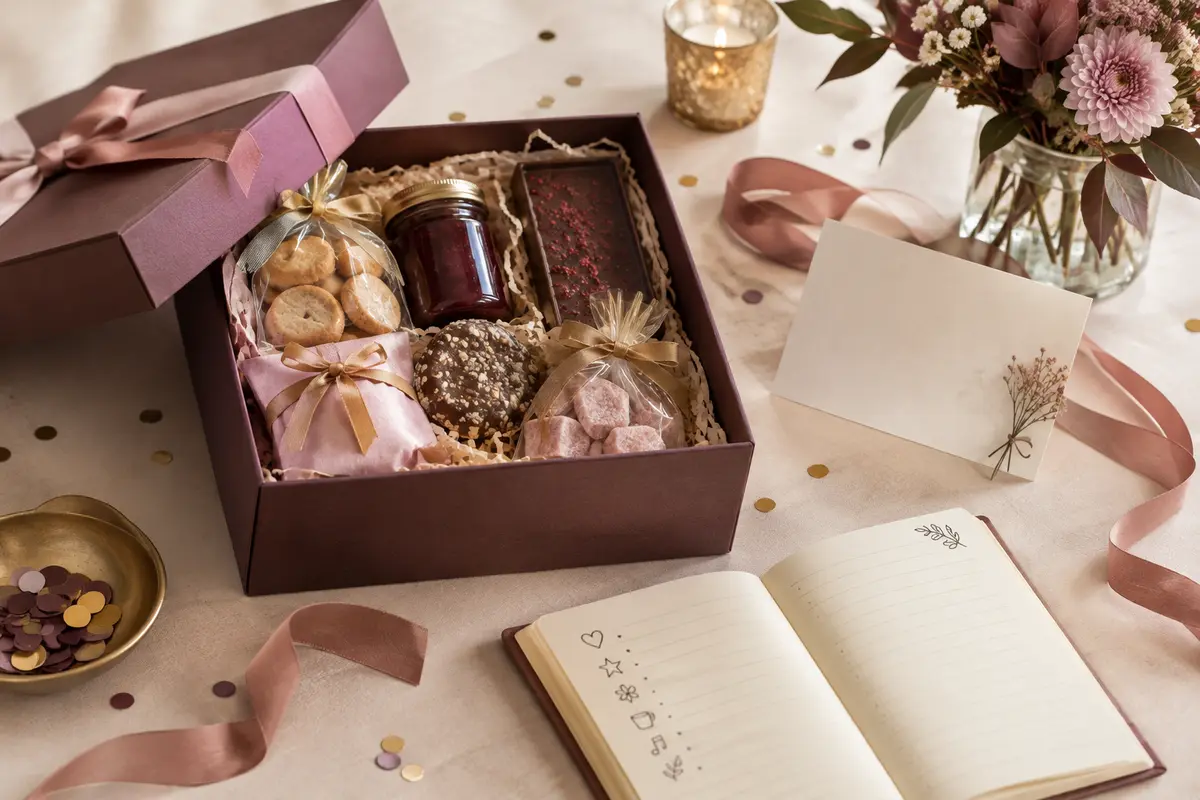 Coffret d’anniversaire ouvert avec douceurs emballées, carte vierge et carnet sur une table claire