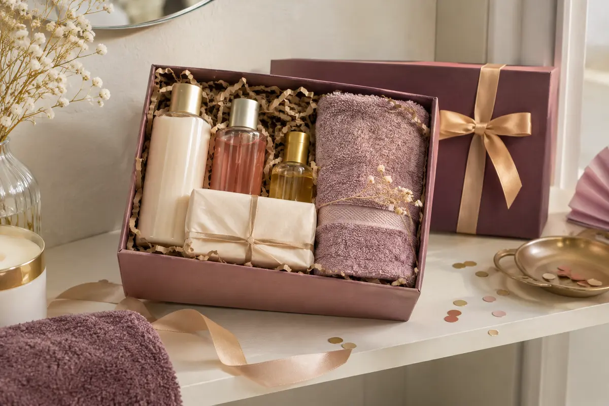Coffret de bain compact avec flacons, savon et serviette dans une salle de bains sobre