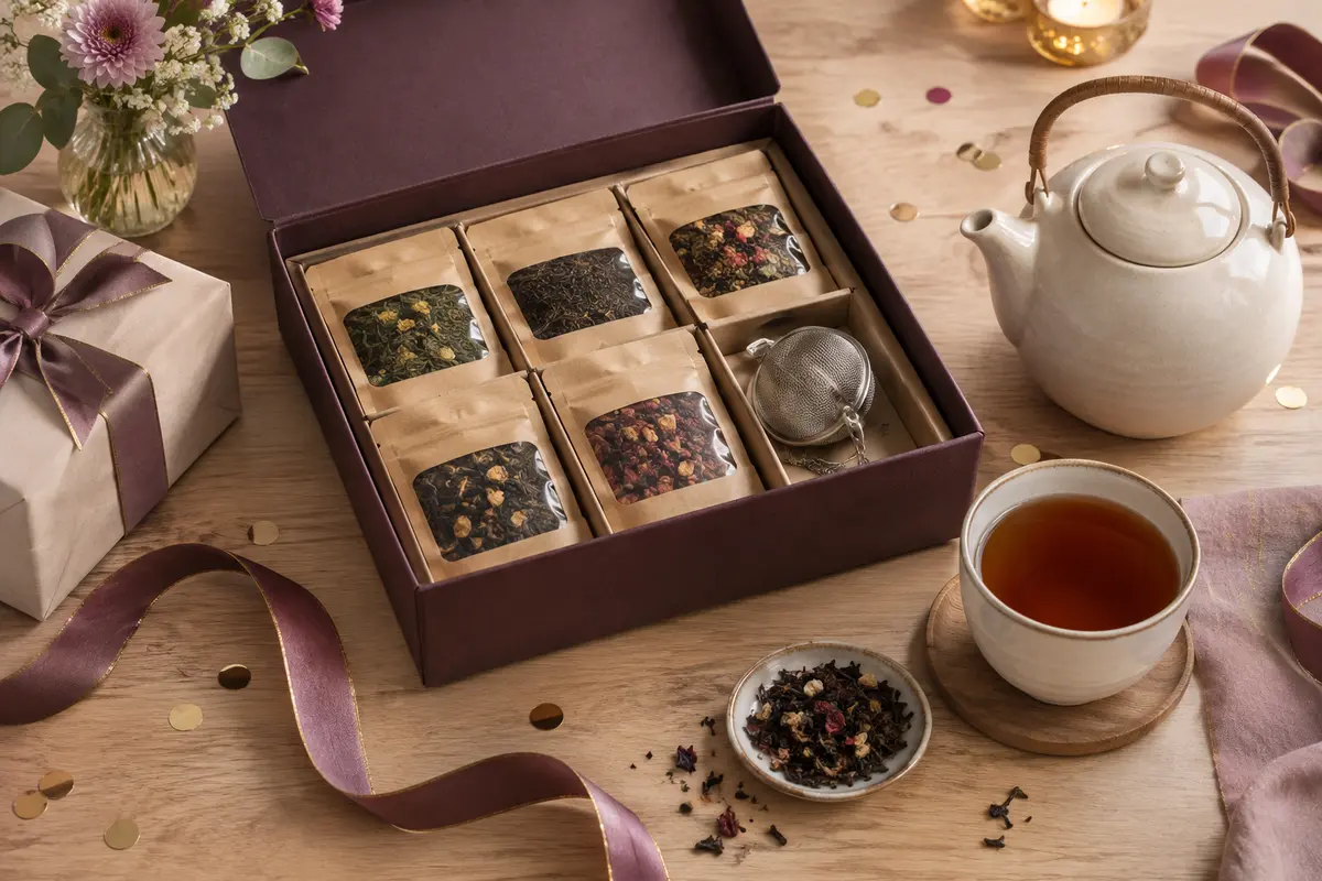 Coffret de dégustation de thé avec plusieurs variétés, une théière, une tasse et un infuseur