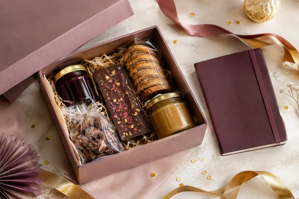 Coffret gourmand compact ouvert sur une table, avec quelques douceurs et un carnet évoquant une expérience à vivre.
