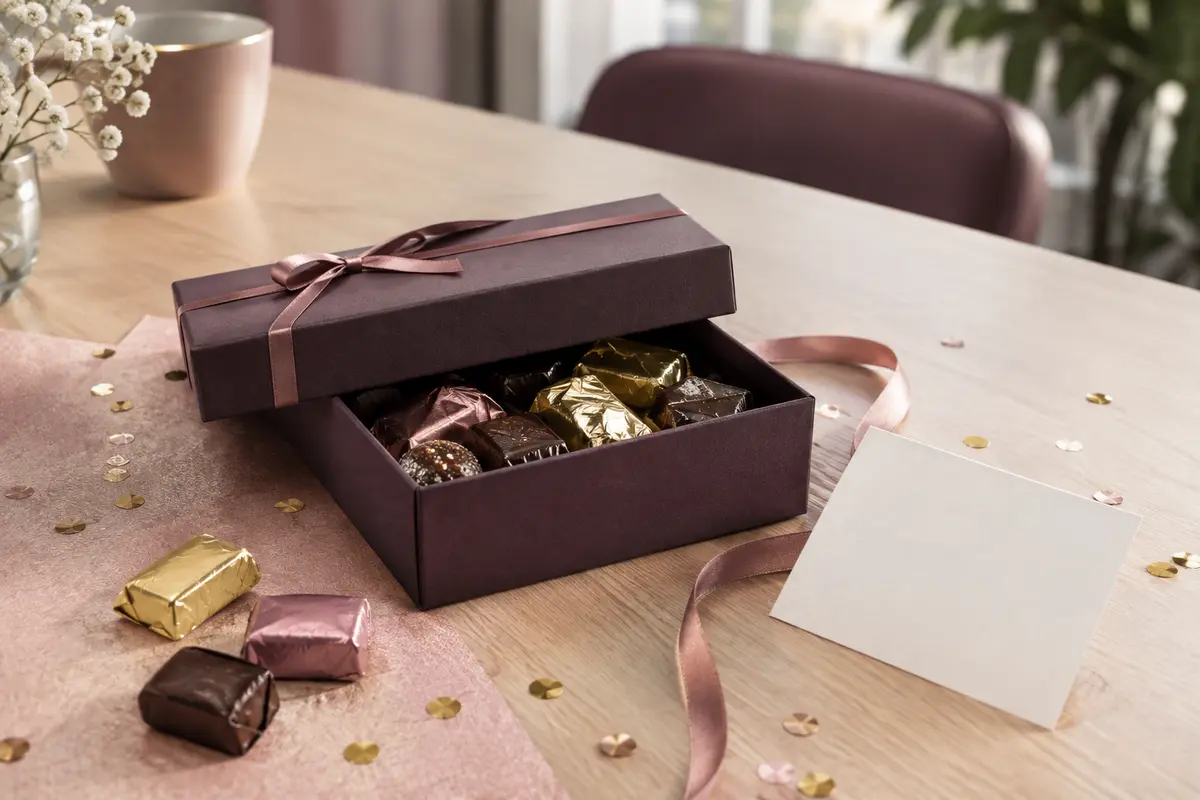 Un coffret gourmand sobre posé sur une table de bureau, prêt à être offert à un collègue pour son anniversaire.