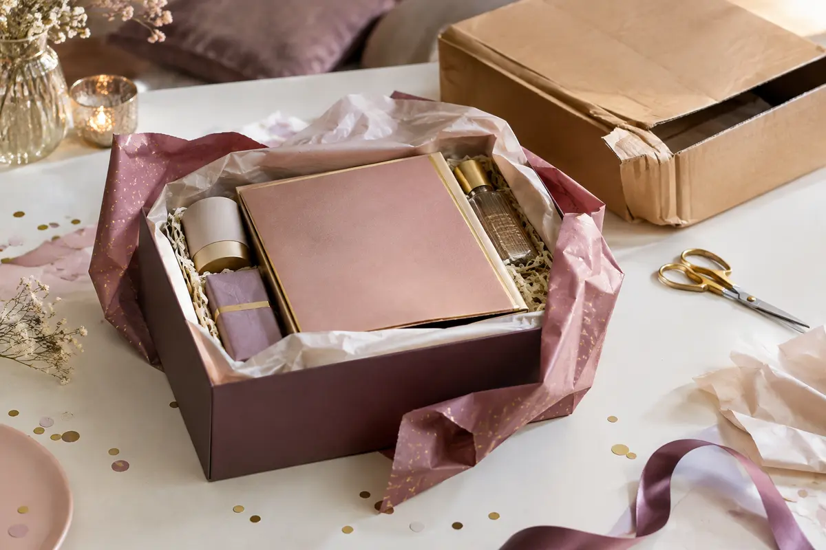 Coffret d’anniversaire dont le papier cadeau est froissé, avec sa boîte intérieure intacte
