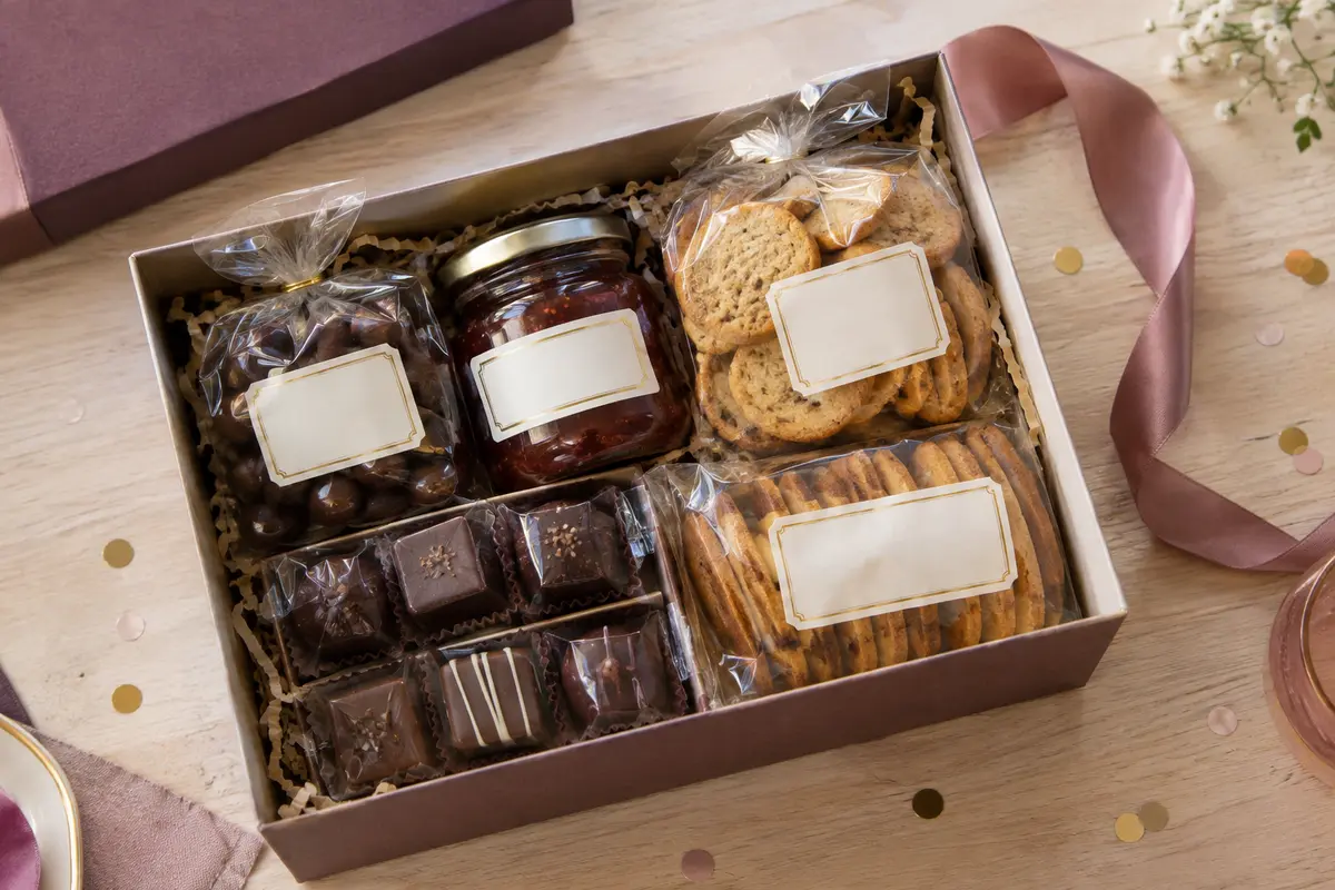 Coffret gourmand ouvert avec chocolats, biscuits et étiquettes de composition à vérifier