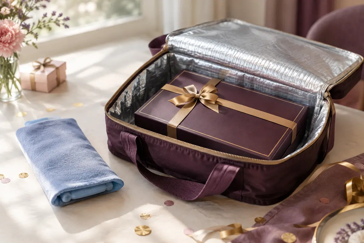 Coffret de chocolats fermé dans un sac isotherme, avec un accumulateur de froid séparé pour le transport estival
