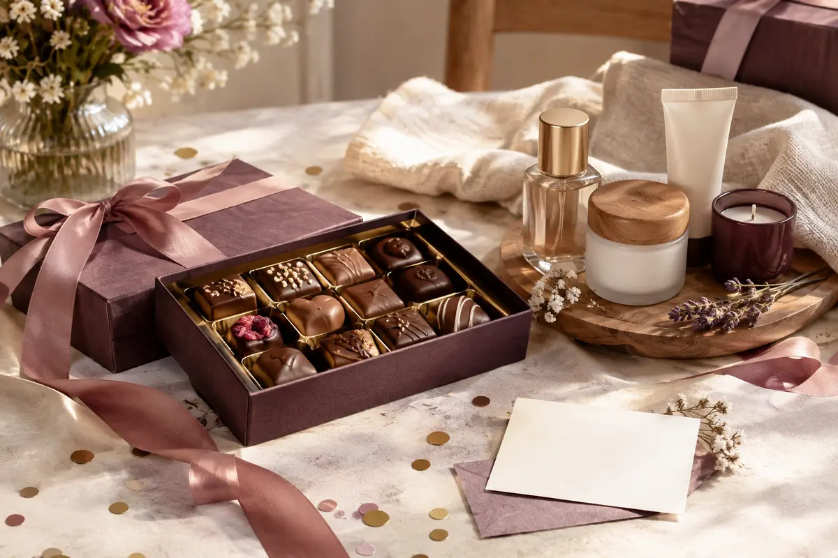 Coffret de chocolats et produits de soin présentés côte à côte pour comparer deux idées de cadeau d’anniversaire