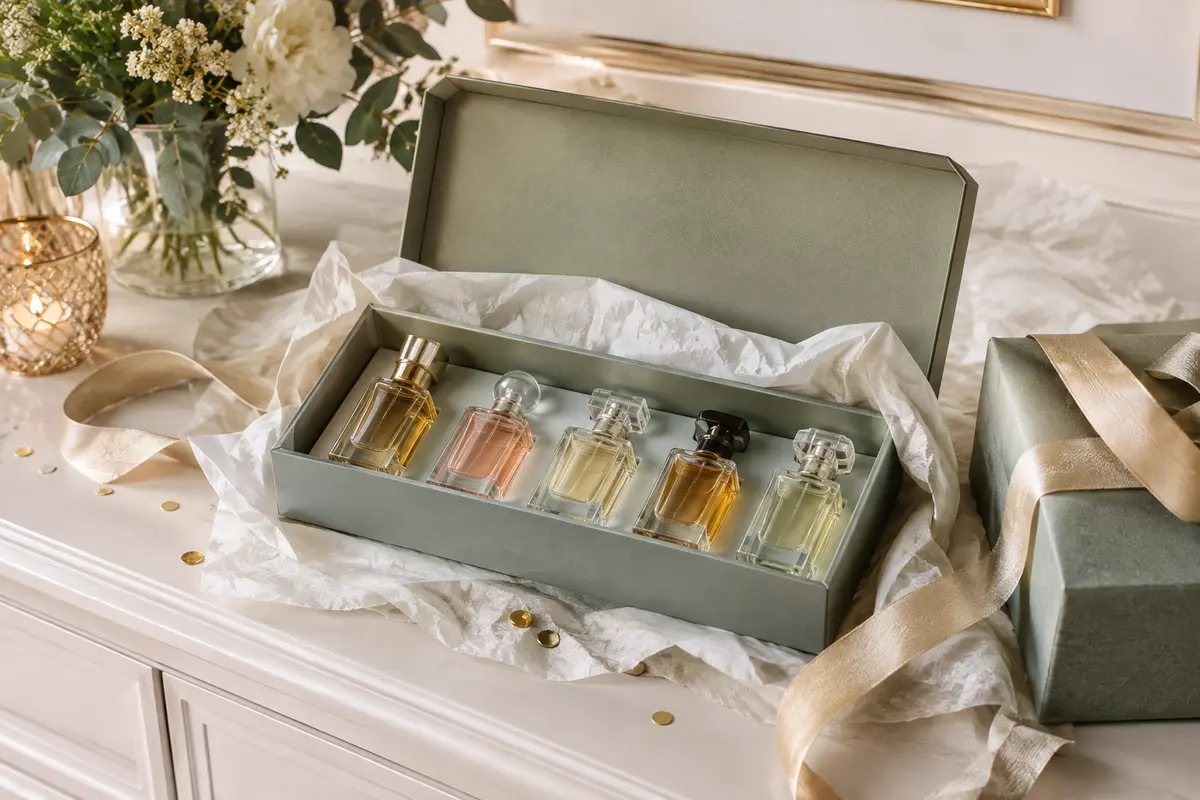 Coffret de parfum ouvert présentant plusieurs petits flacons dans un écrin sobre, prêt à être offert.