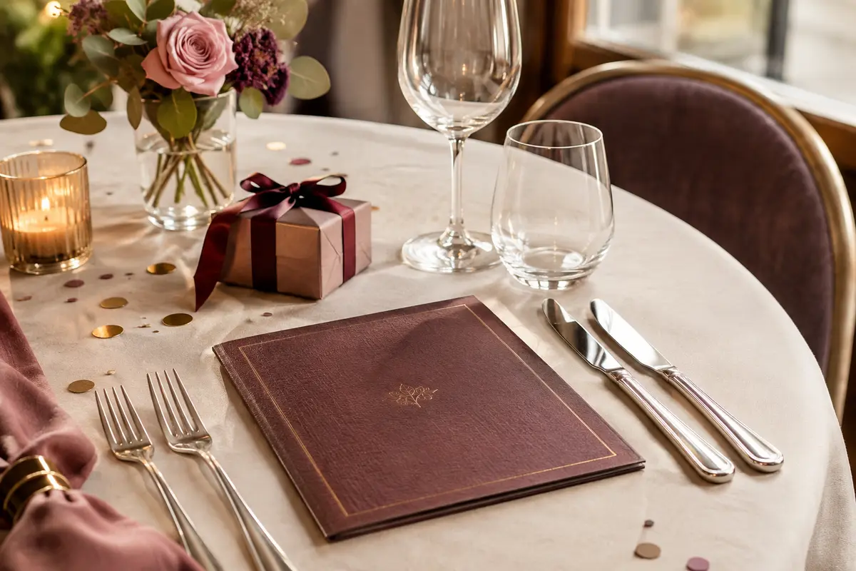 Table de restaurant dressée pour un repas d’anniversaire avec deux couverts et un coffret cadeau