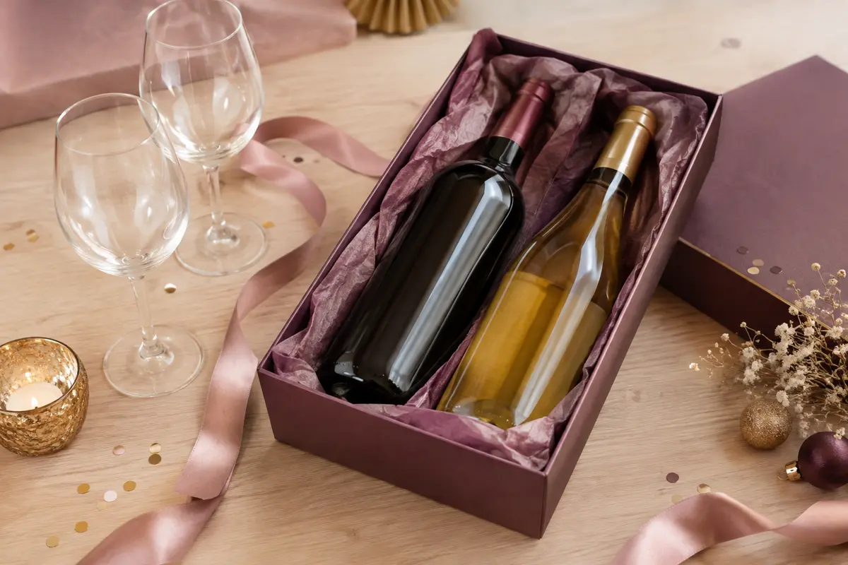 Coffret de vin et verres présentés sur une table dans une ambiance d’anniversaire sobre et chaleureuse