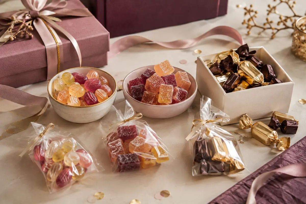Coffret de confiseries ouvert avec bonbons et chocolats rangés séparément dans des contenants propres
