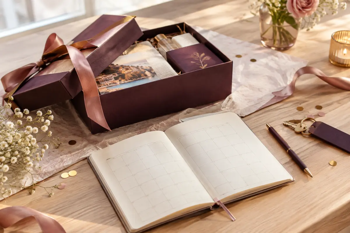 Coffret de séjour posé près d’un carnet de voyage et d’une clé de chambre dans une pièce lumineuse