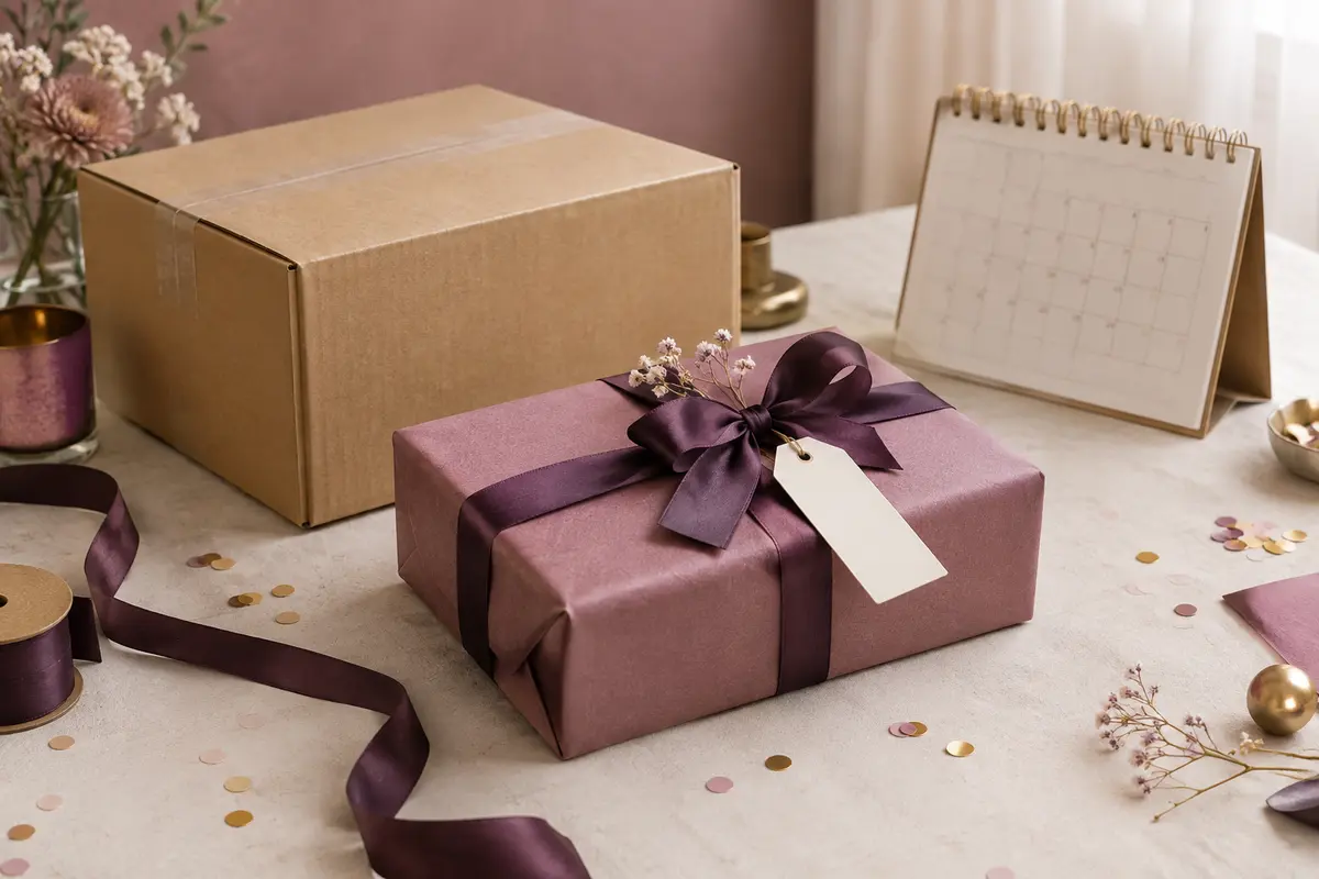 Coffret d’anniversaire emballé près d’un carton d’expédition, prêt à être livré à temps