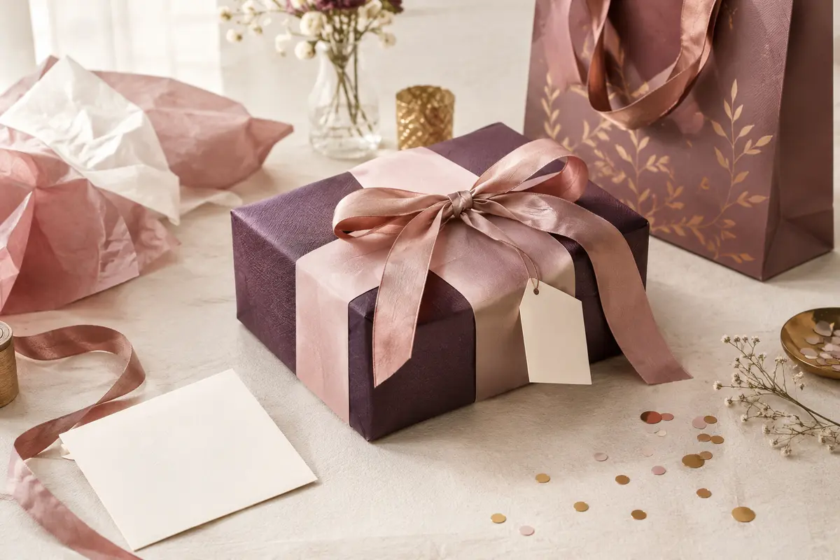 Coffret d’anniversaire en boîte rigide décoré d’un ruban souple, avec son étiquette laissée visible