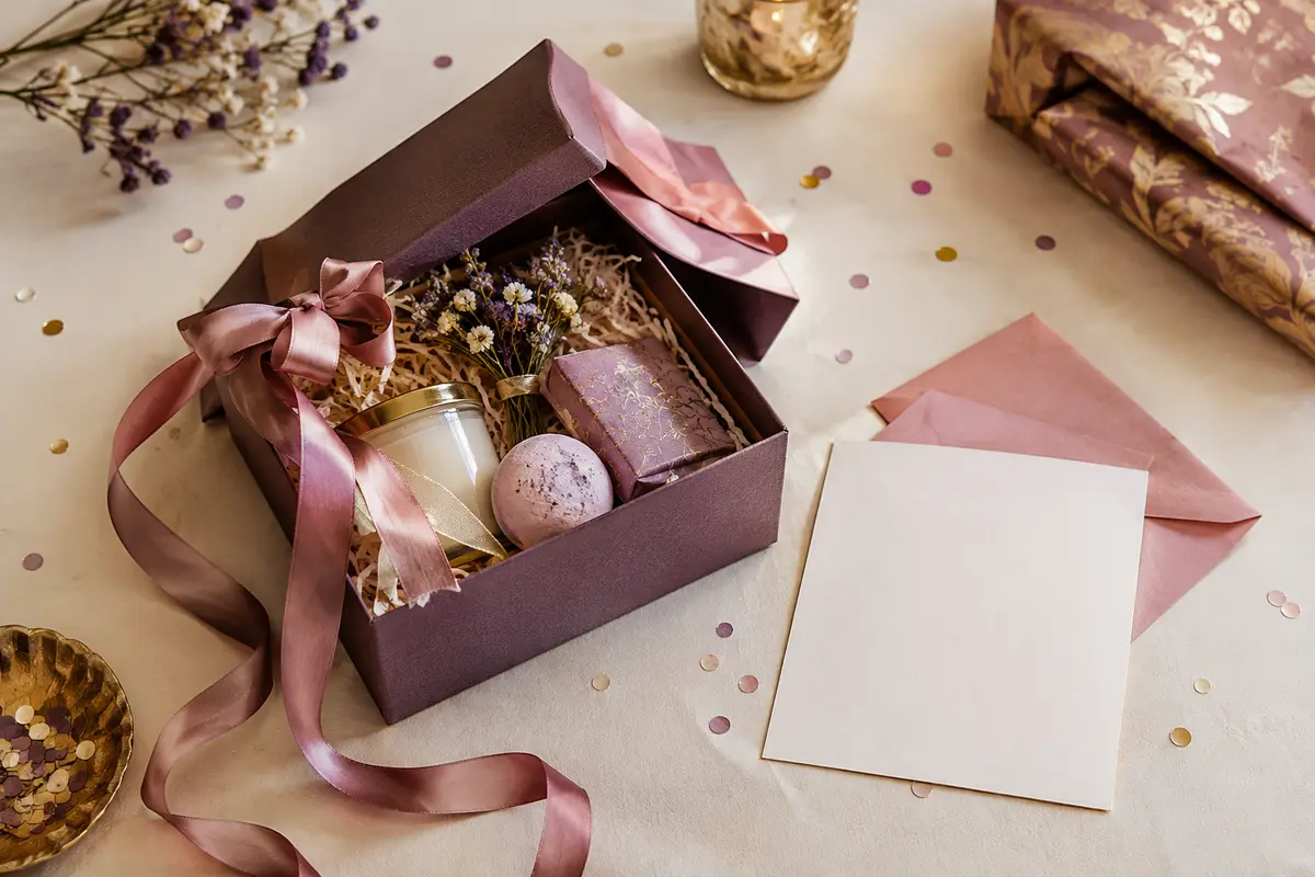 Coffret d’anniversaire avec carte vierge, ruban et papier cadeau évoquant la personnalisation.