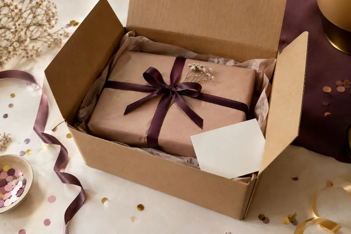 Coffret d’anniversaire emballé avec une carte vierge, prêt à être expédié discrètement à son destinataire.