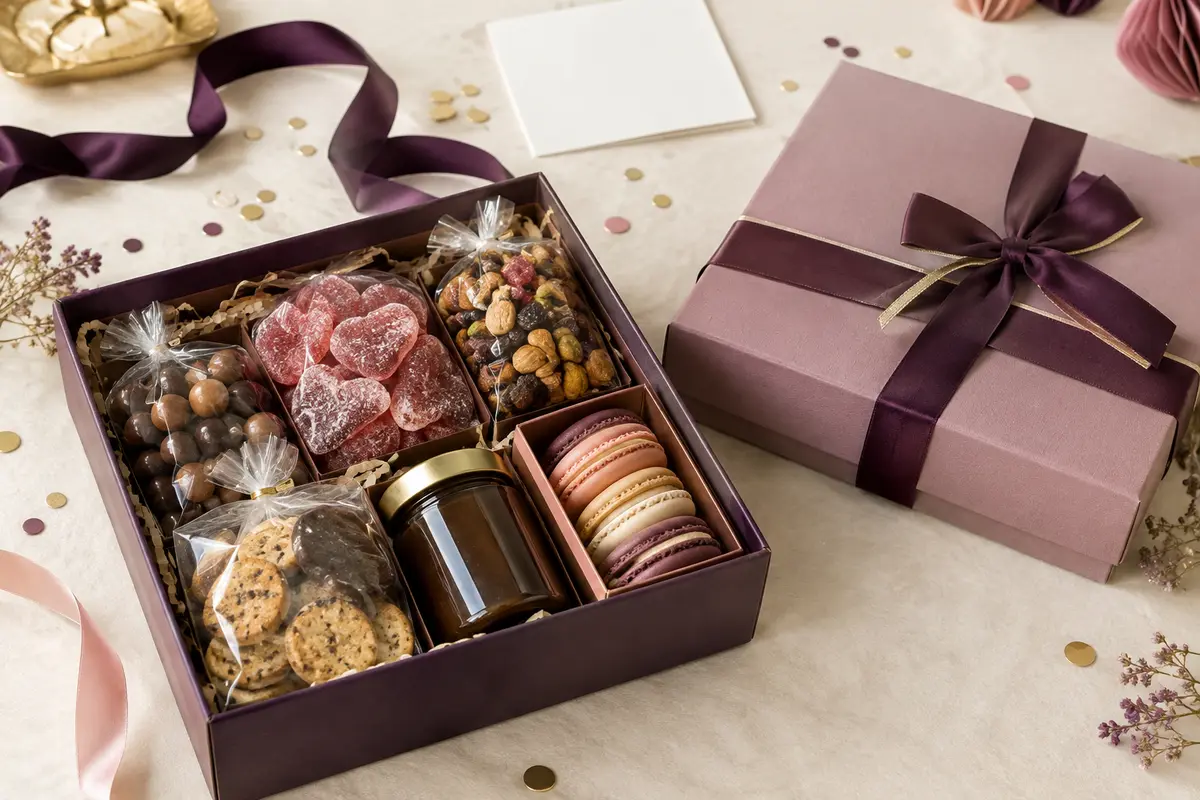 Coffret gourmand ouvert montrant son contenu à côté de la boîte, pour comparer volume et quantité