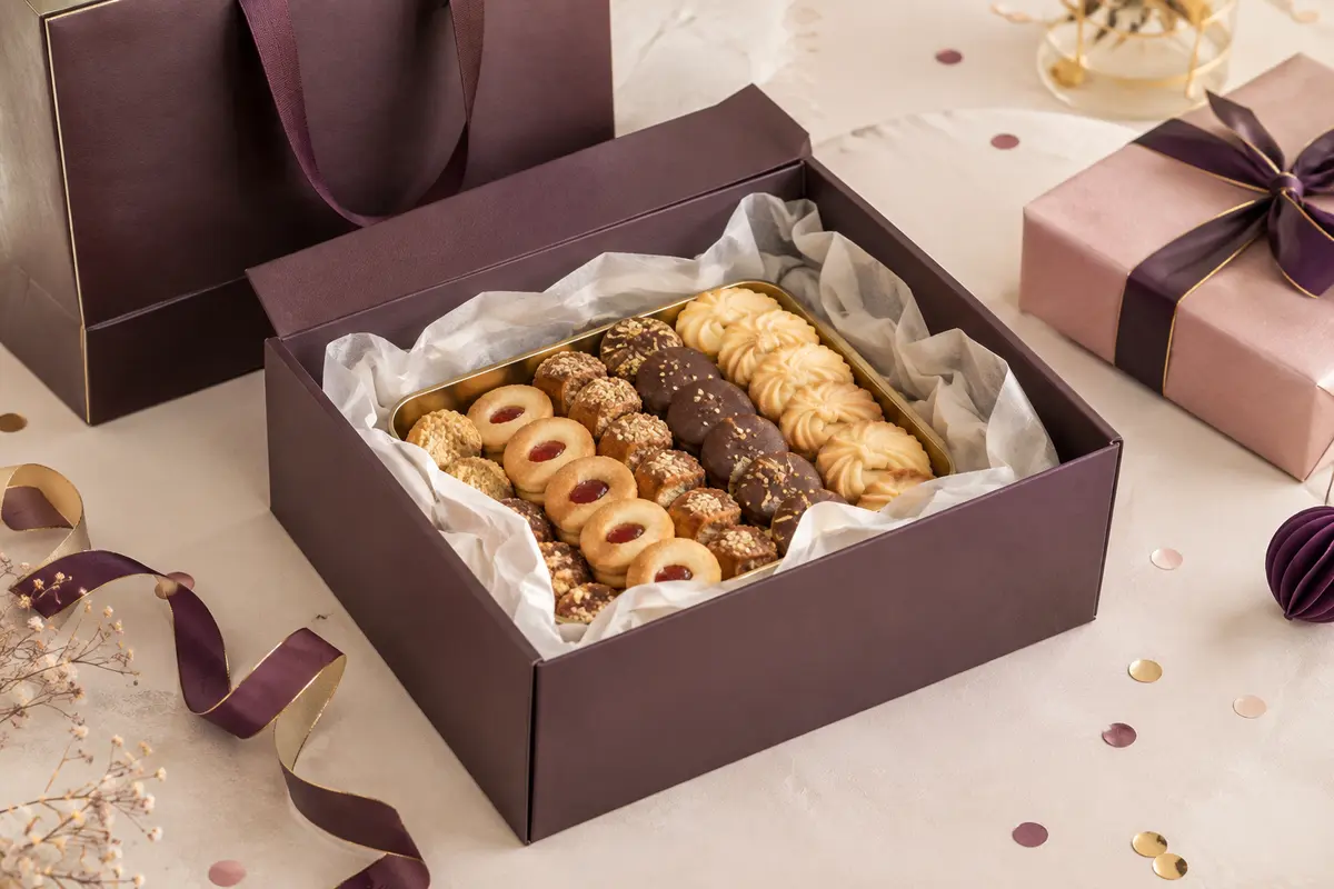 Coffret de biscuits maintenu à plat et calé dans une boîte rigide pour un trajet