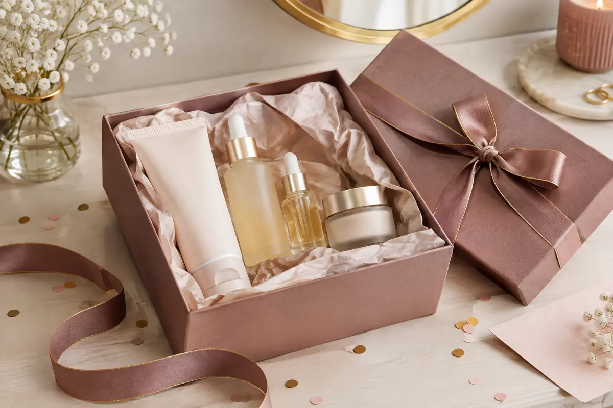 Coffret de soins du visage ouvert avec flacons, crème et produits de formats différents