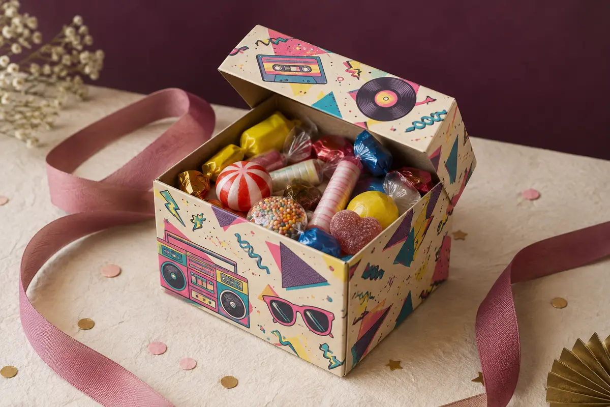 Box carrée de bonbons rétro ouverte, posée sur un décor de fête ivoire, vieux rose et aubergine.