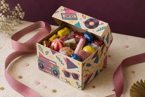 Box carrée de bonbons rétro ouverte, posée sur un décor de fête ivoire, vieux rose et aubergine.