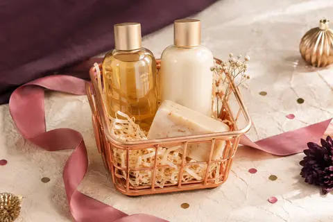 Coffret de bain avec gel douche, lotion, savon et corbeille métallique sur un décor ivoire festif.