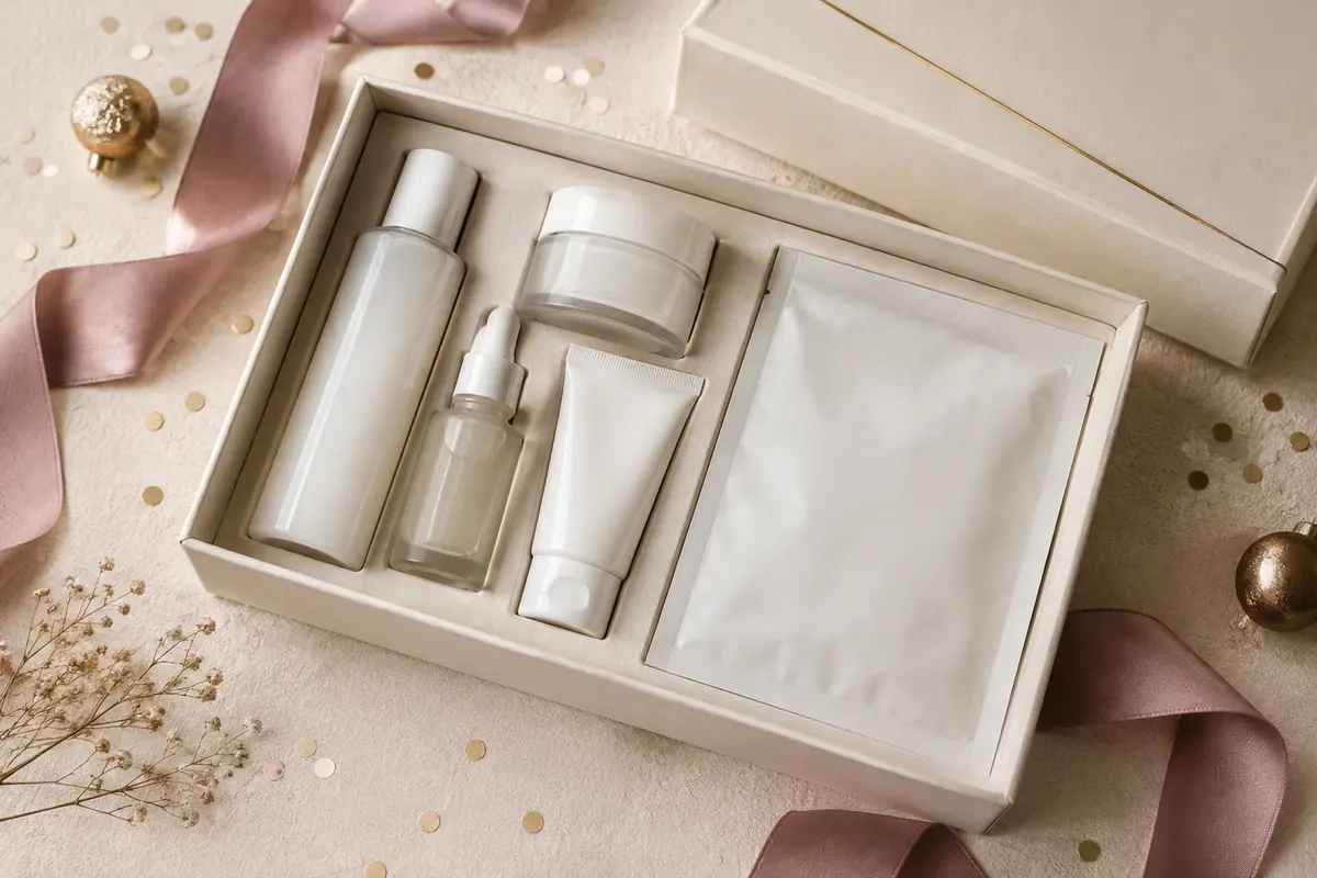 Coffret blanc de soins du visage avec sérum, crèmes et masque présenté sur un fond ivoire décoré.