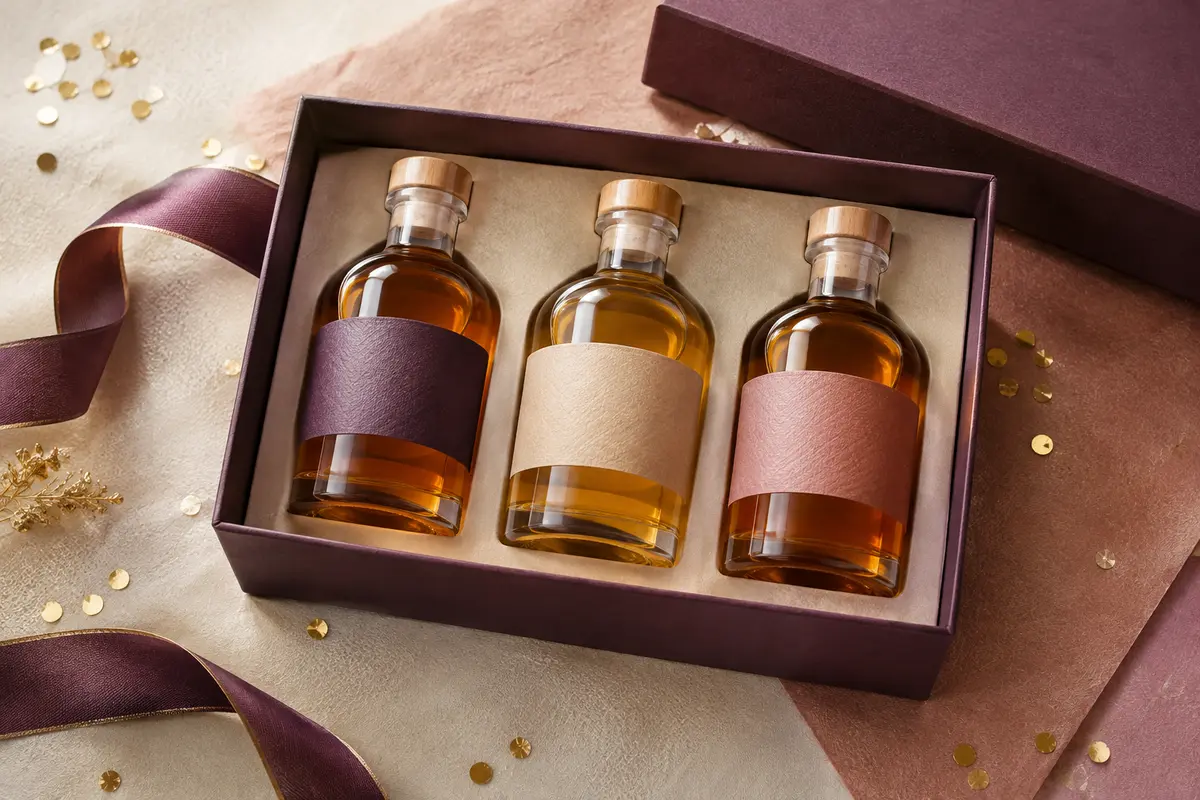 Trois bouteilles de whisky Bellevoye en coffret découverte, réunies sur un décor ivoire et aubergine