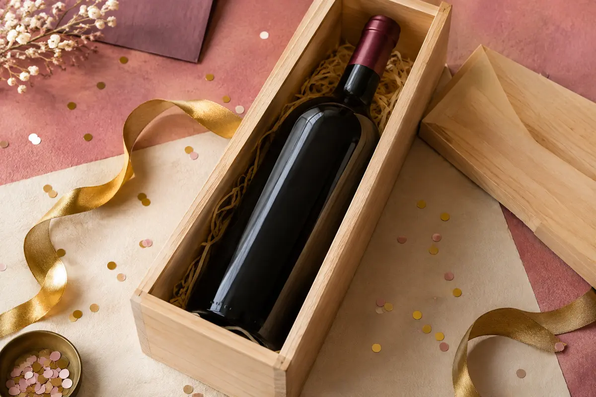 Magnum de vin rouge Bordeaux Supérieur dans une caisse en bois, posé sur un décor de fête élégant