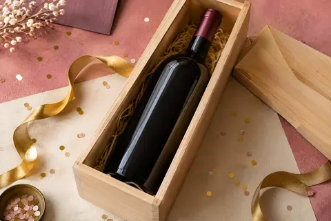 Magnum de vin rouge Bordeaux Supérieur dans une caisse en bois, posé sur un décor de fête élégant