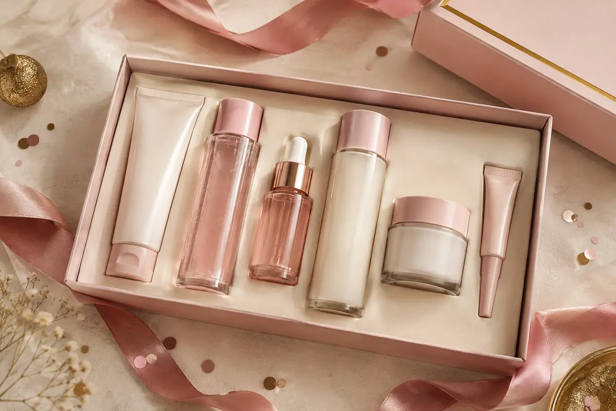 Coffret rose pâle de six soins du visage à la rose, disposé sur un fond ivoire festif.