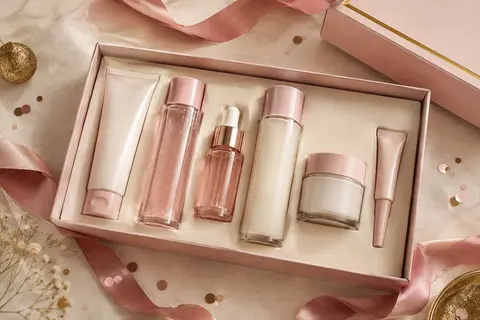 Coffret rose pâle de six soins du visage à la rose, disposé sur un fond ivoire festif.