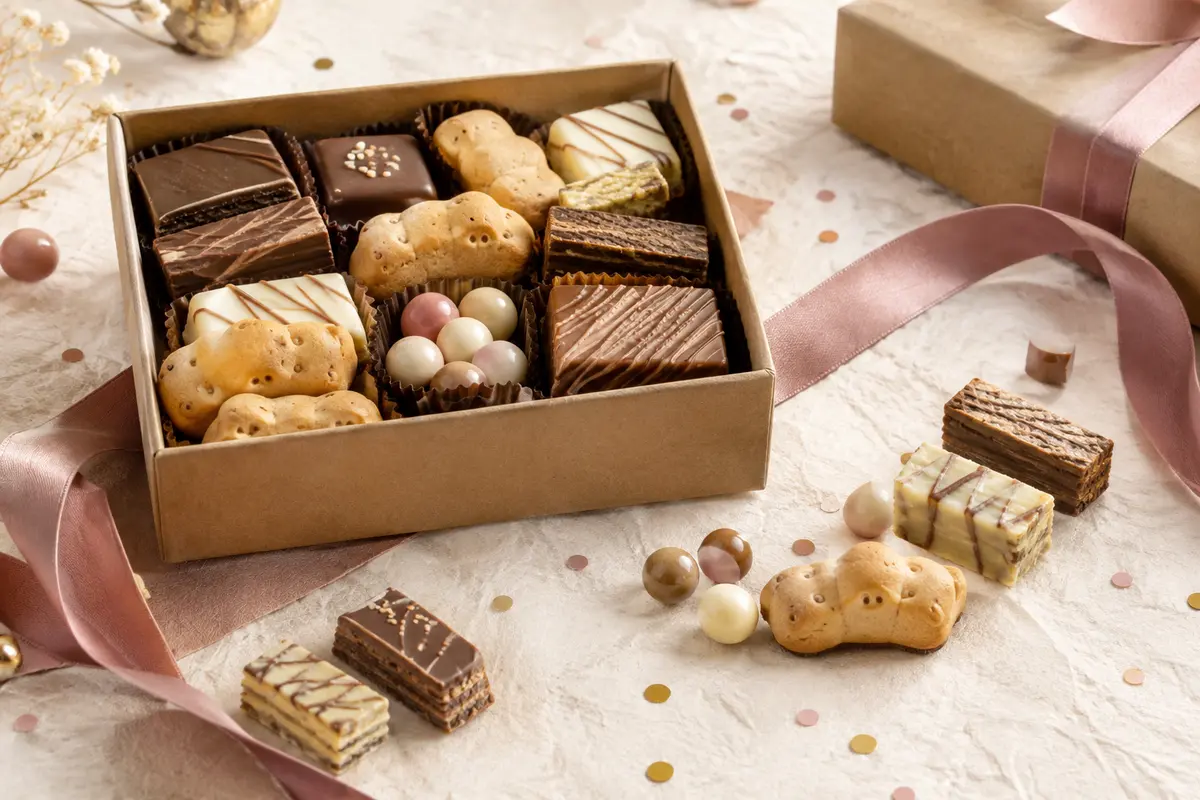 Coffret en carton recyclé avec un assortiment de gaufrettes, biscuits et confiseries chocolatées pour un anniversaire.