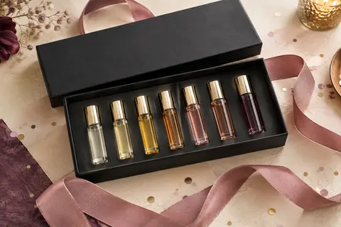 Coffret noir présentant sept miniatures d’eau de toilette sur un fond ivoire avec un ruban vieux rose