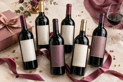 Six bouteilles de vin rouge réunies sur un décor ivoire et vieux rose aux accents de fête