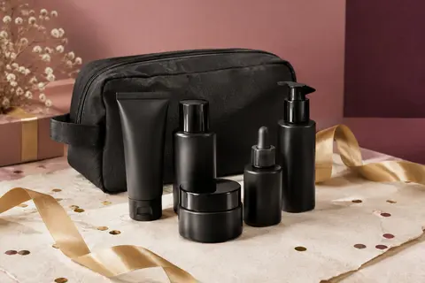 Kit noir de soins visage pour homme et sac de rangement présenté sur un décor ivoire festif.