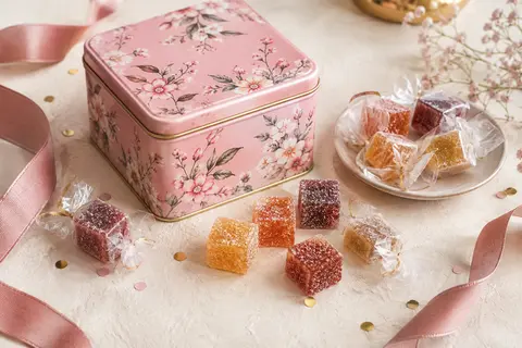 Boîte métallique rose de pâtes de fruits avec des cubes emballés individuellement, présentée sur un fond de fête sobre.