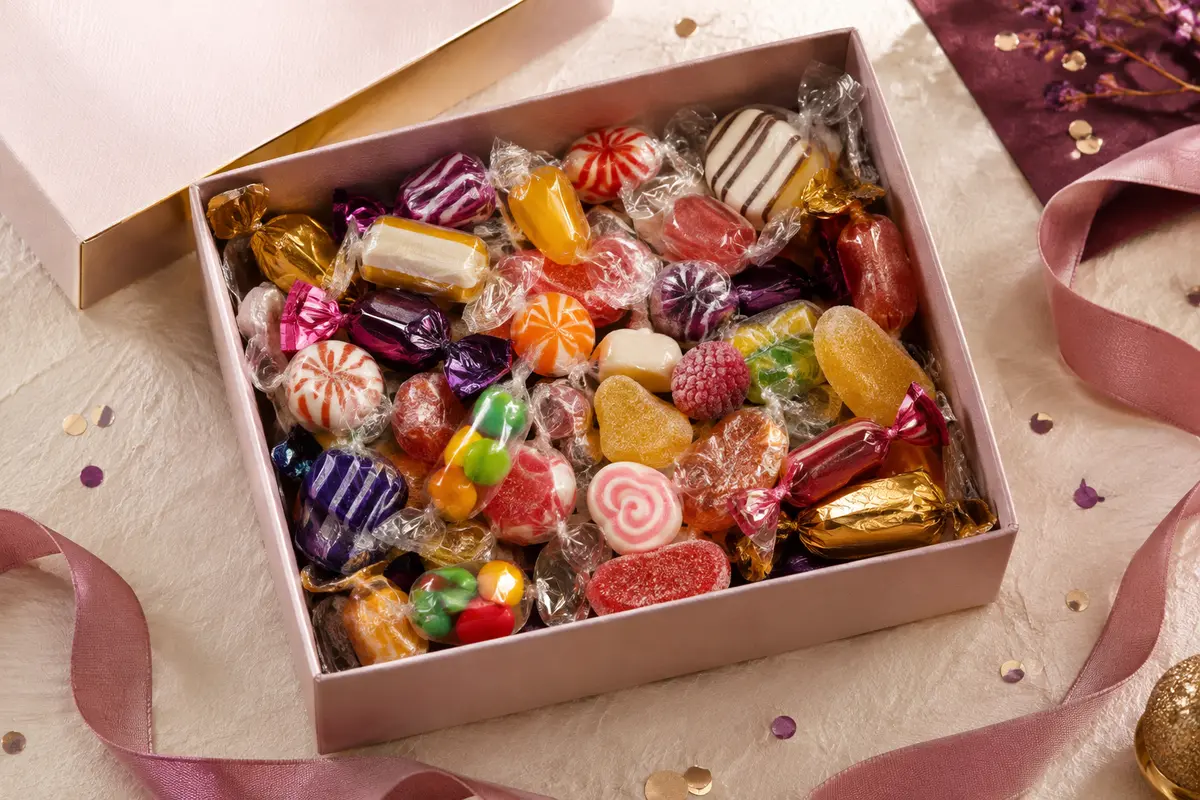 Bonbons rétro emballés individuellement, présentés sur papier ivoire avec ruban et confettis discrets.