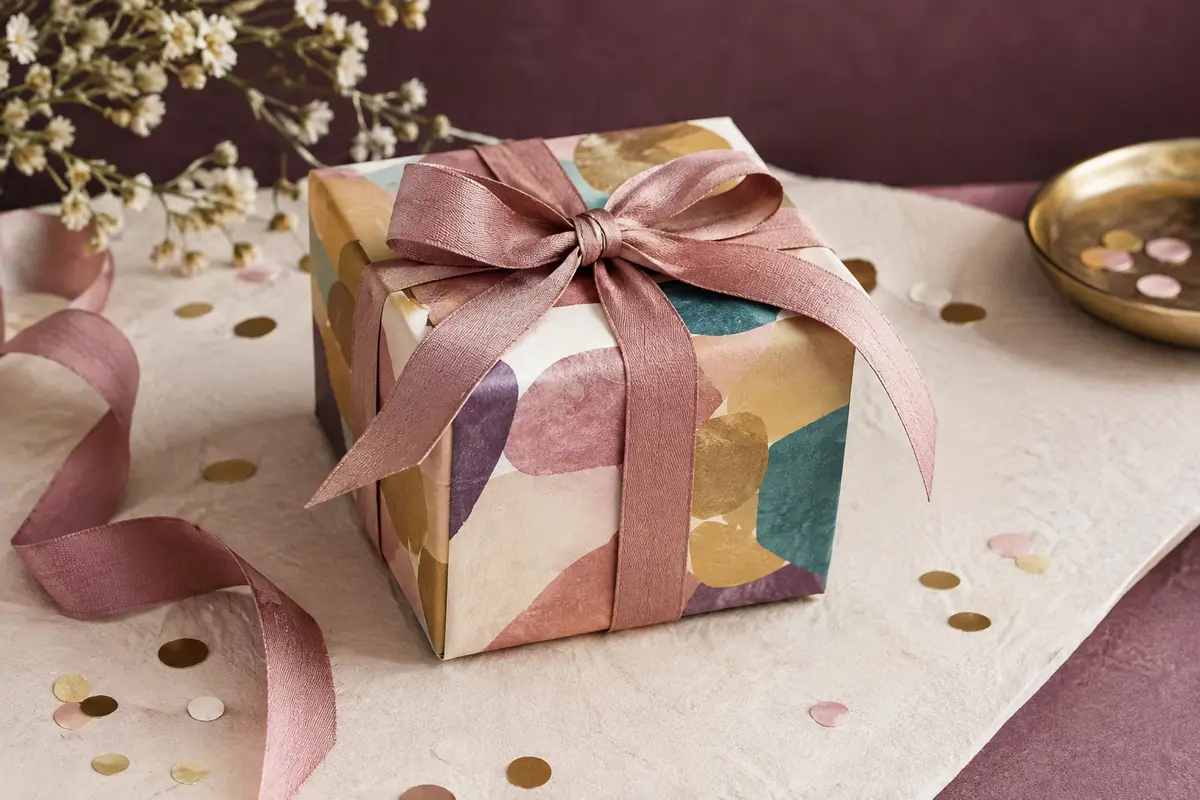 Coffret cadeau d’aventure multicolore posé sur un papier ivoire avec ruban et confettis discrets