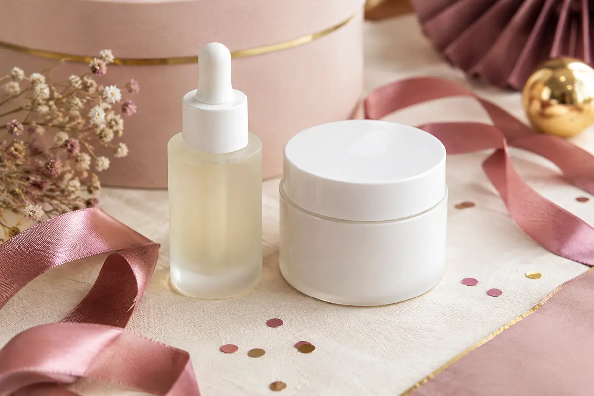Duo de soins visage blancs, sérum et crème, présenté sur un papier ivoire avec un ruban vieux rose