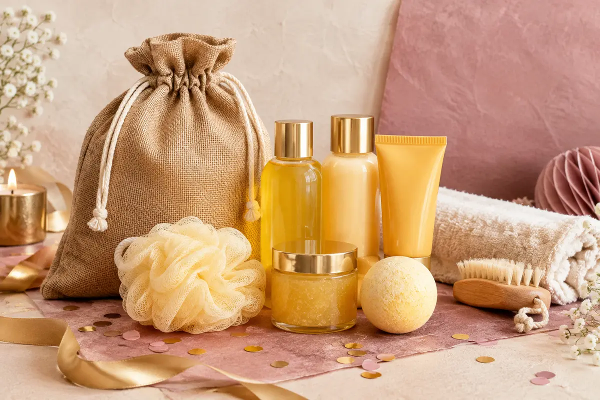 Coffret de soins de bain jaune à la vanille avec sac réutilisable en toile de jute