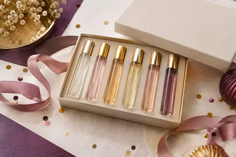 Coffret de six eaux de toilette en flacons fins, disposé sur un papier ivoire avec un ruban de fête.